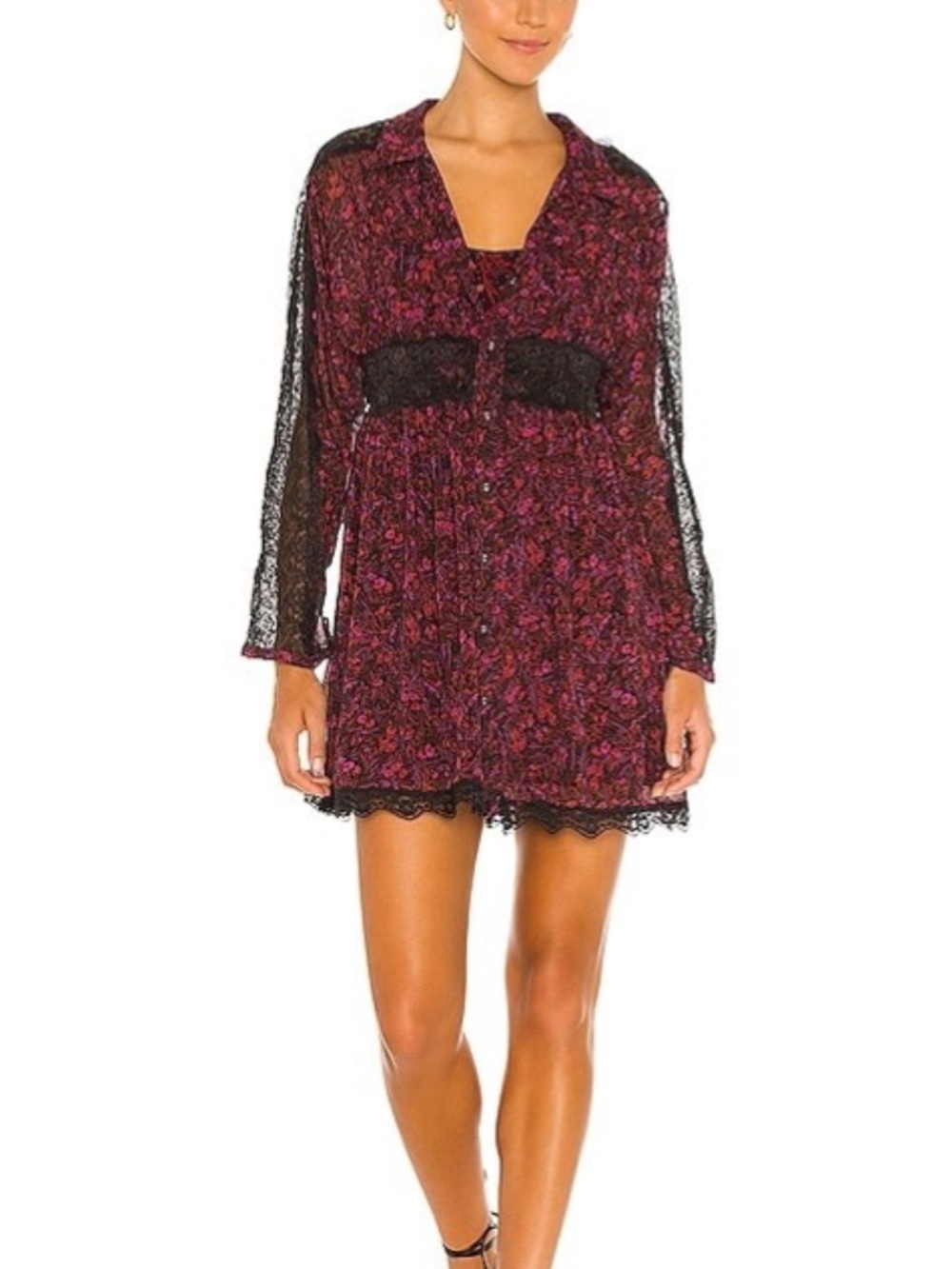 NWT FREE PEOPLE Floral Lace Long Sleeve Dress Small Boho Pretty Red Black